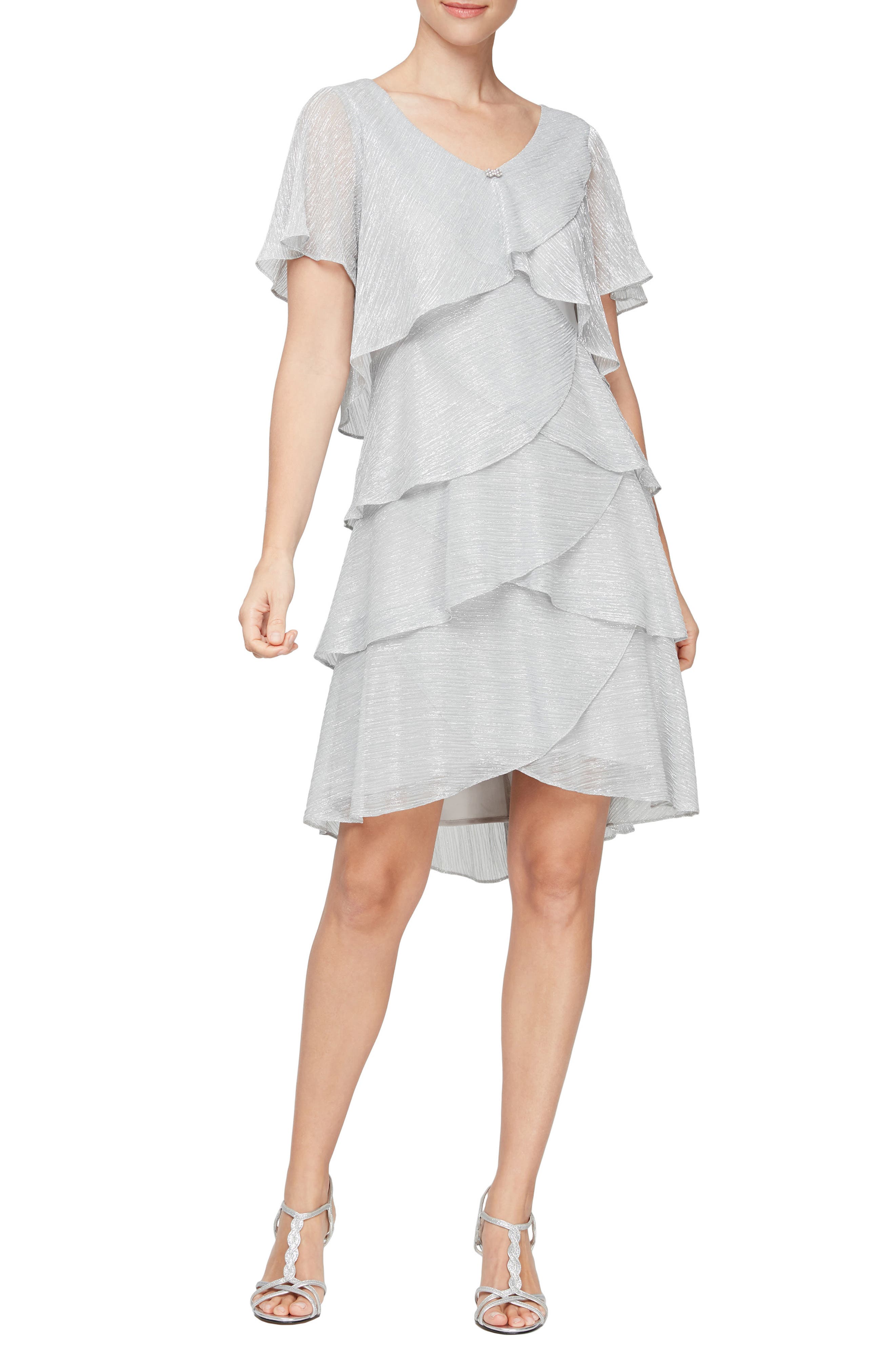 Embellished V-Neck Short Sleeve Shimmer Bodre Tier Cocktail Dress