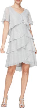 SL FASHIONS Embellished V-Neck Short Sleeve Shimmer Bodre Tier Cocktail Dress