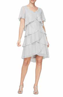 Embellished V-Neck Short Sleeve Shimmer Bodre Tier Cocktail Dress