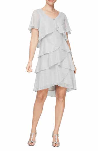 Embellished V-Neck Short Sleeve Shimmer Bodre Tier Cocktail Dress
