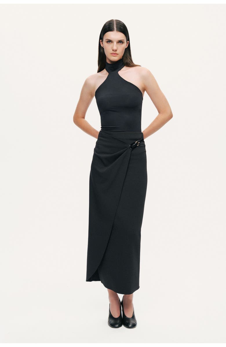 Nocturne Ring-Buckle Asymmetric Wrap Maxi Skirt, Alternate, color, Black