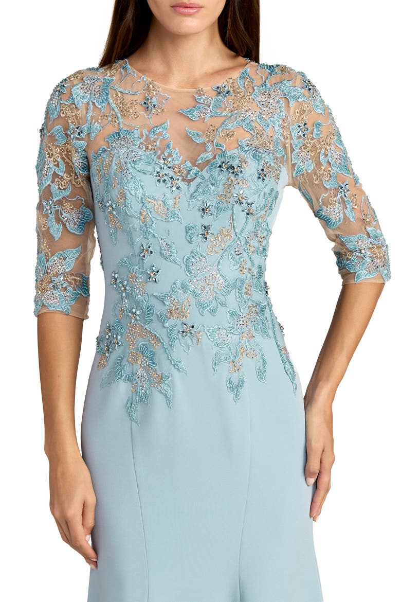 Embroidered Crepe Mermaid Gown with Illusion Neckline, Alternate, color, French Blue