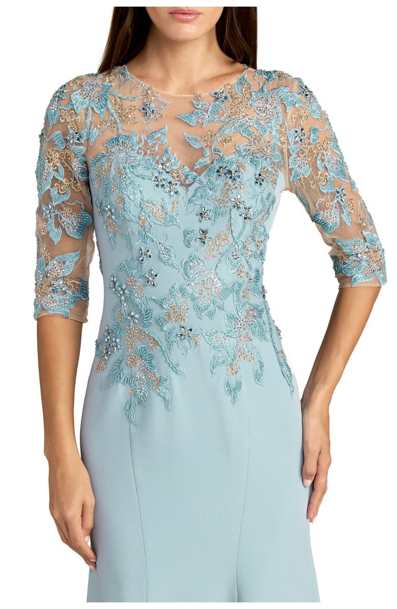 Mac Duggal Embroidered Crepe Mermaid Gown with Illusion Neckline, Alternate, color, French Blue