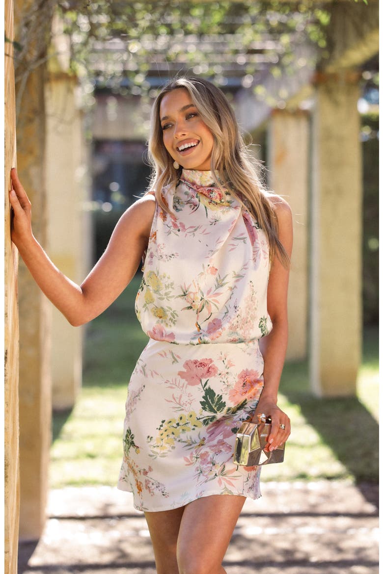 Anabelle Floral Halter Neck Satin Minidress, Alternate, color, WHITE FLORAL