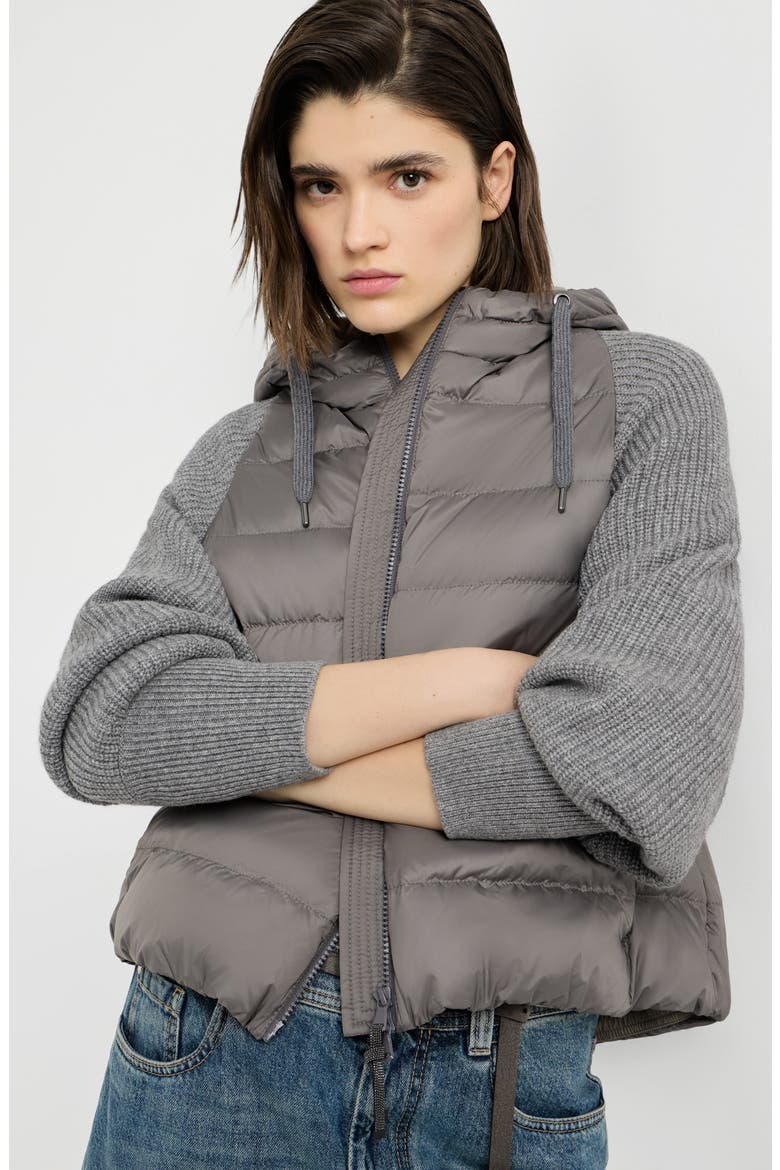 Water-resistant matte nylon hooded down jacket with monili and sleeves in virgin wool, cashmere and silk knit, Alternate, color, Medium Grey