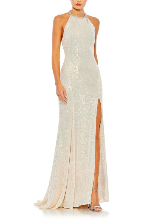 Sequined High Neck Rhinestone Trim Column Gown