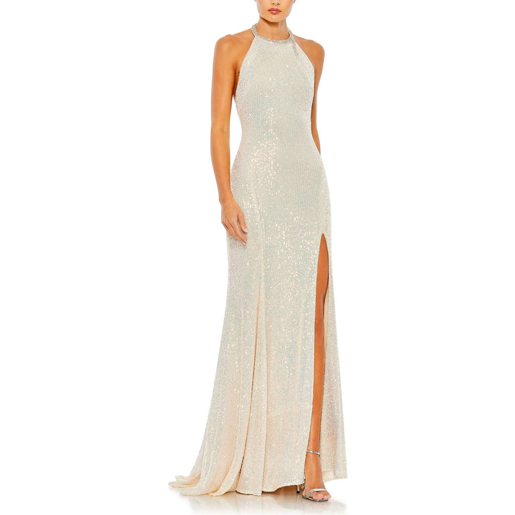 Mac Duggal Ieena Sequin High-neck Rhinestone-trim Column Gown In Iridescent