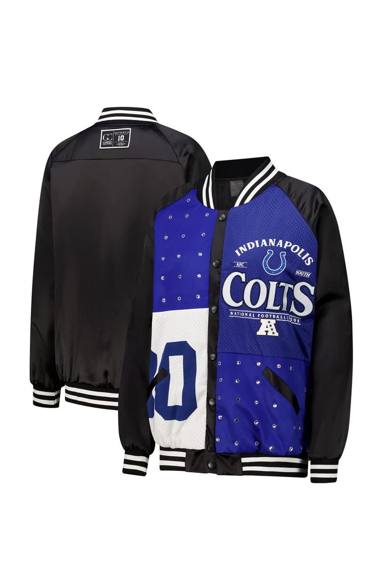 GAMEDAY COUTURE Women's Gameday Couture  Black/Royal Indianapolis Colts Oversized Hot Shot Rhinestone Throwback Full-Snap Varsity Bomber Jacket, Main, color, Black