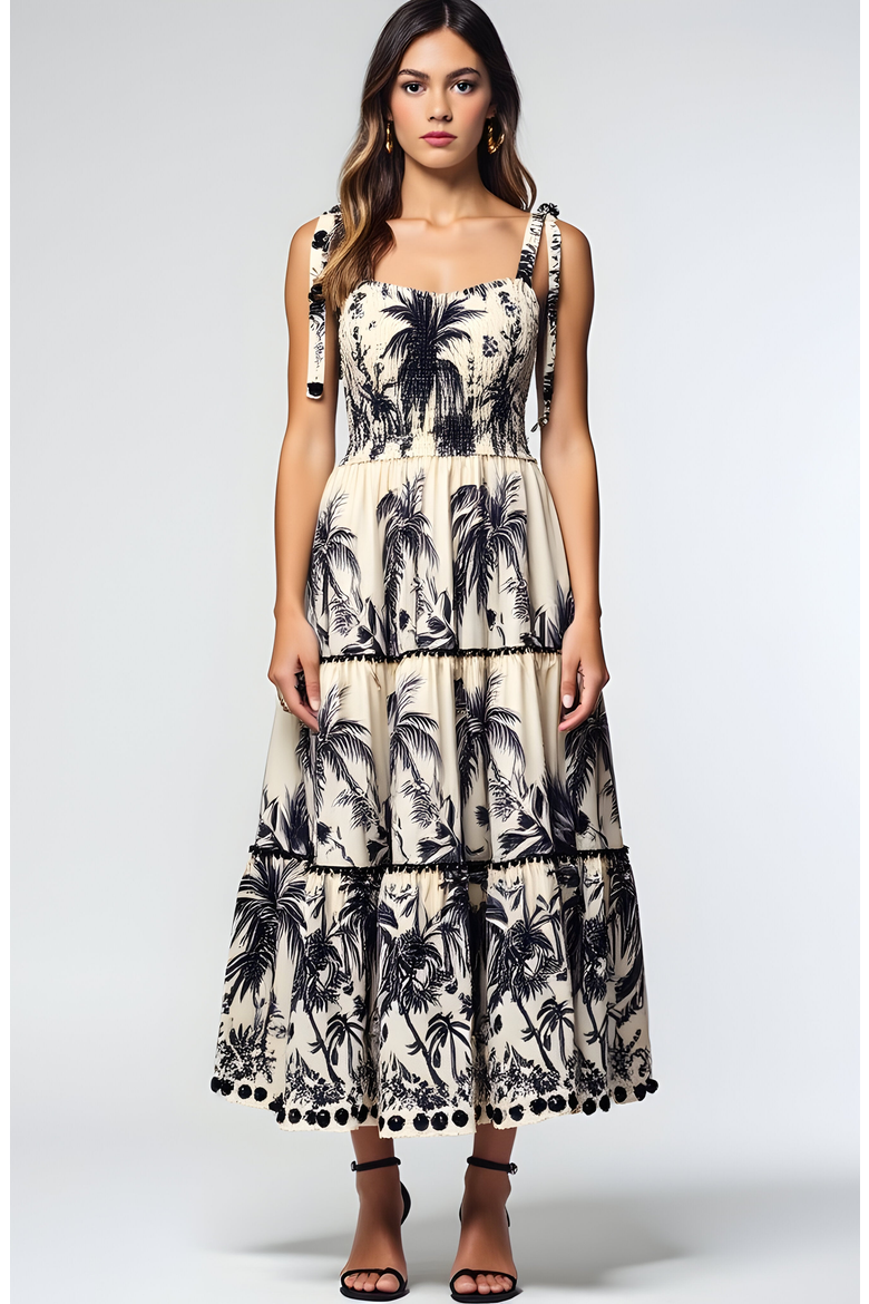 Tropical Print Tiered Midi Dress with Pom Trim and Smocked Bodice, Main, color, Ivory / Black