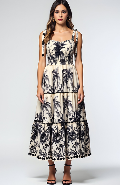 Tropical Print Tiered Midi Dress with Pom Trim and Smocked Bodice