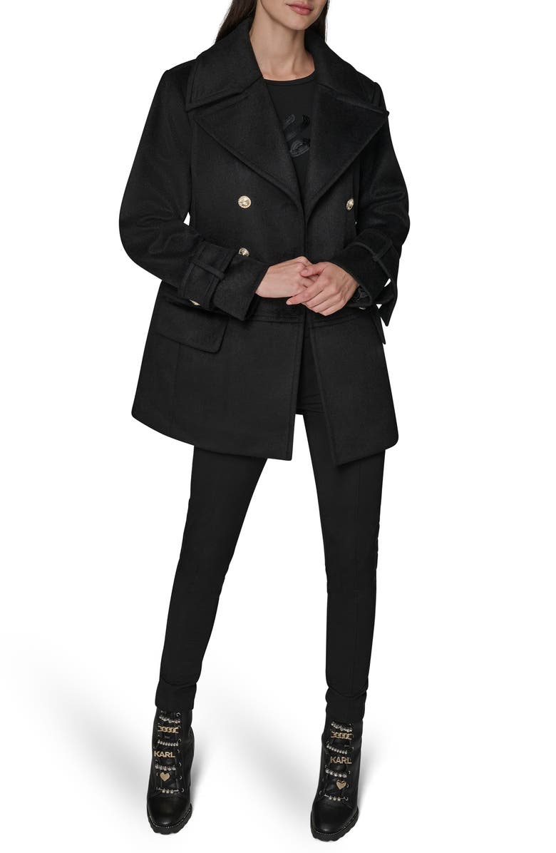 KARL LAGERFELD PARIS Low Waist Double Breasted Wool Blend Peacoat, Alternate, color,