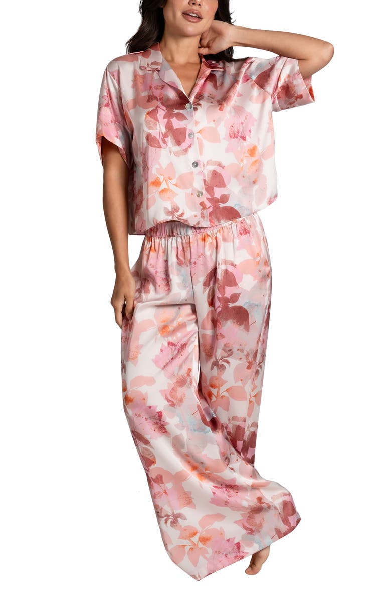 Midnight Bakery Shadow Leaf Print Short Sleeve Satin Pajamas, Alternate, color, 