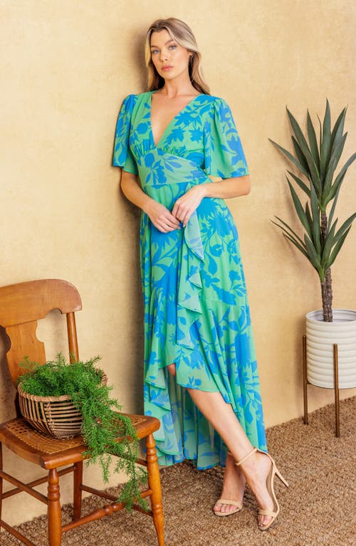 Flying Tomato Flutter Sleeve Wrap Style Midi Dress In Green Blue