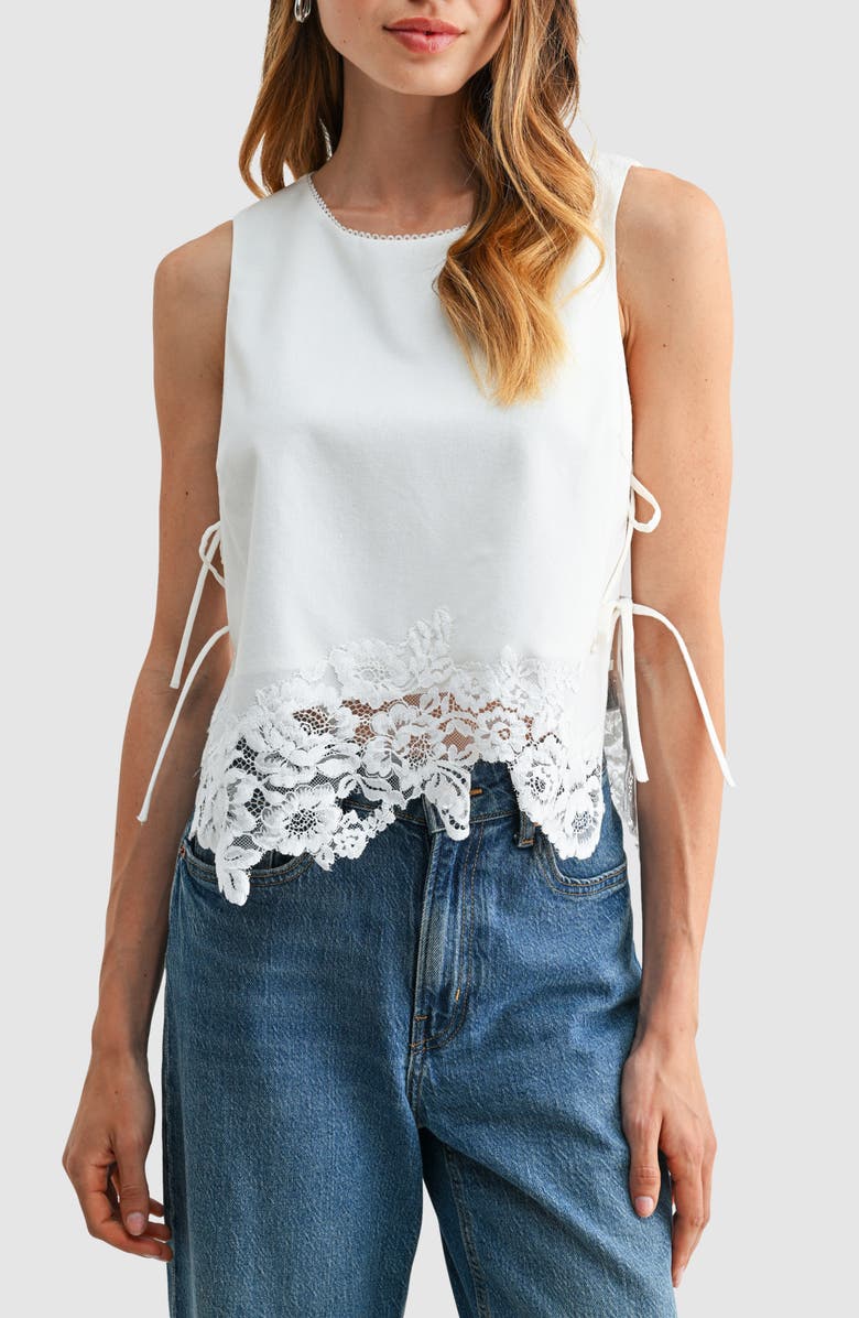 All in Favor Lace Hem Side Tie Tank, Main, color, White