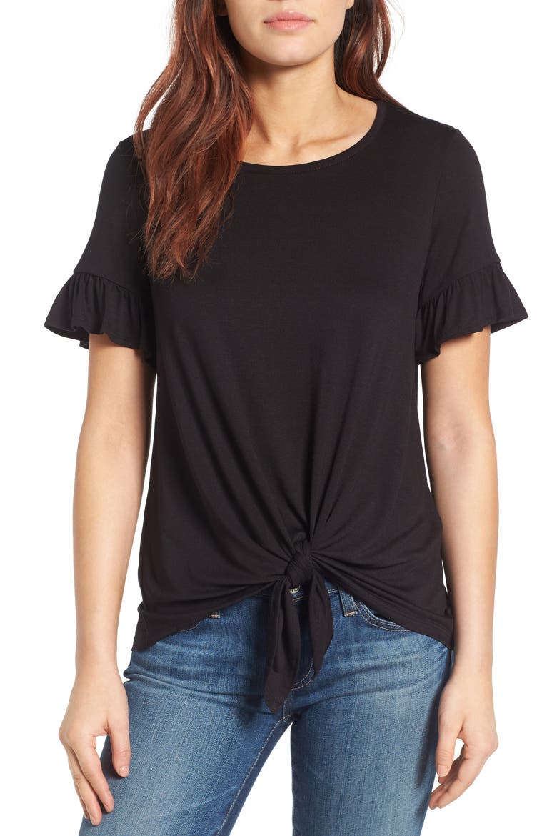 Bell Sleeve Tie Front Top, Main, color, BLACK