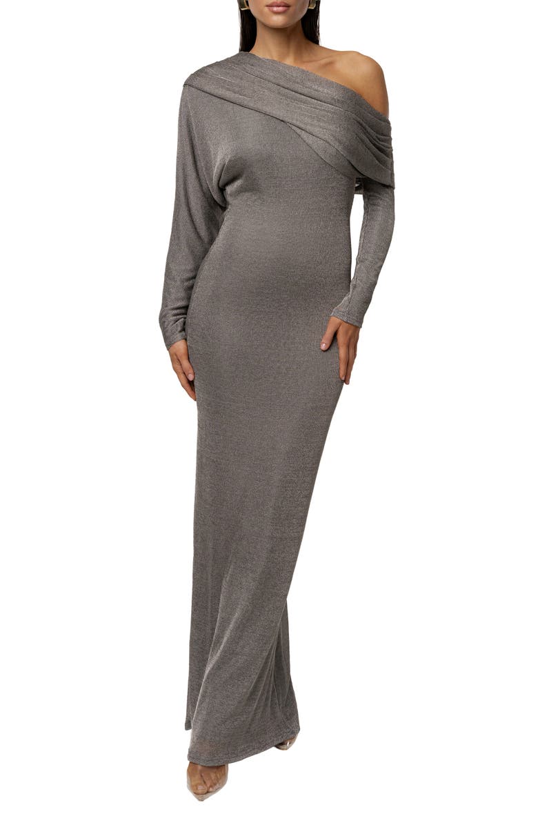 JLUXLABEL Drape & Shine Metallic One-Shoulder Long Sleeve Knit Dress, Main, color, Silver