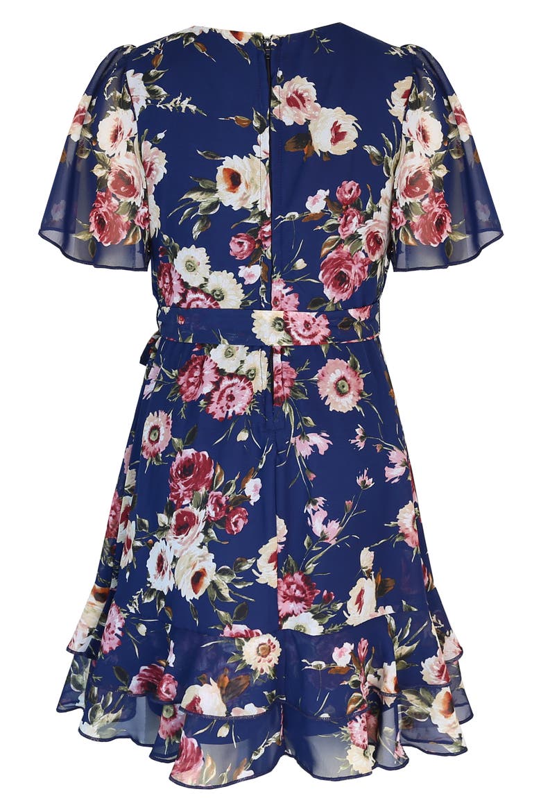 Kids' Chiffon Faux Wrap Dress, Alternate, color, NAVY/ MAUVE
