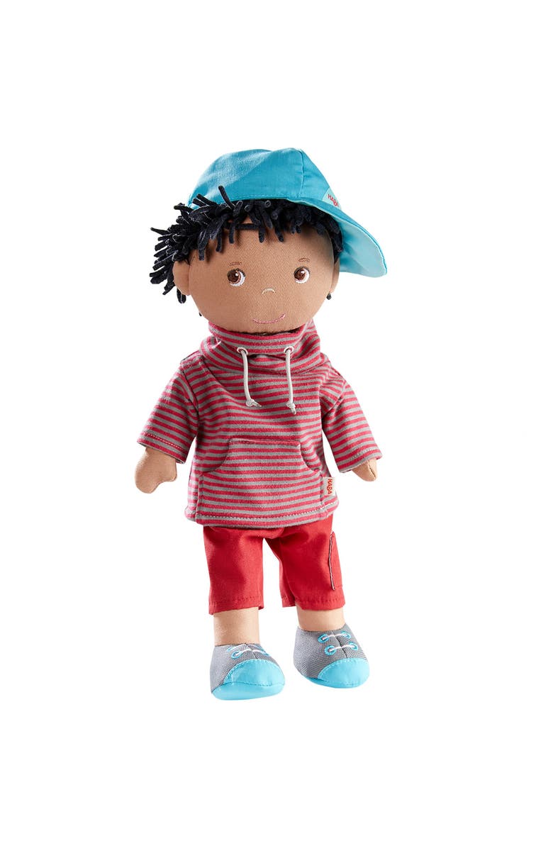 HABA William 12" Soft Doll - Black Baby Boy Doll (Machine Washable) Perfect Plush Toy for 18 Months & Up with Removable Clothing and Embroidered Face, Main, color, Red Multi