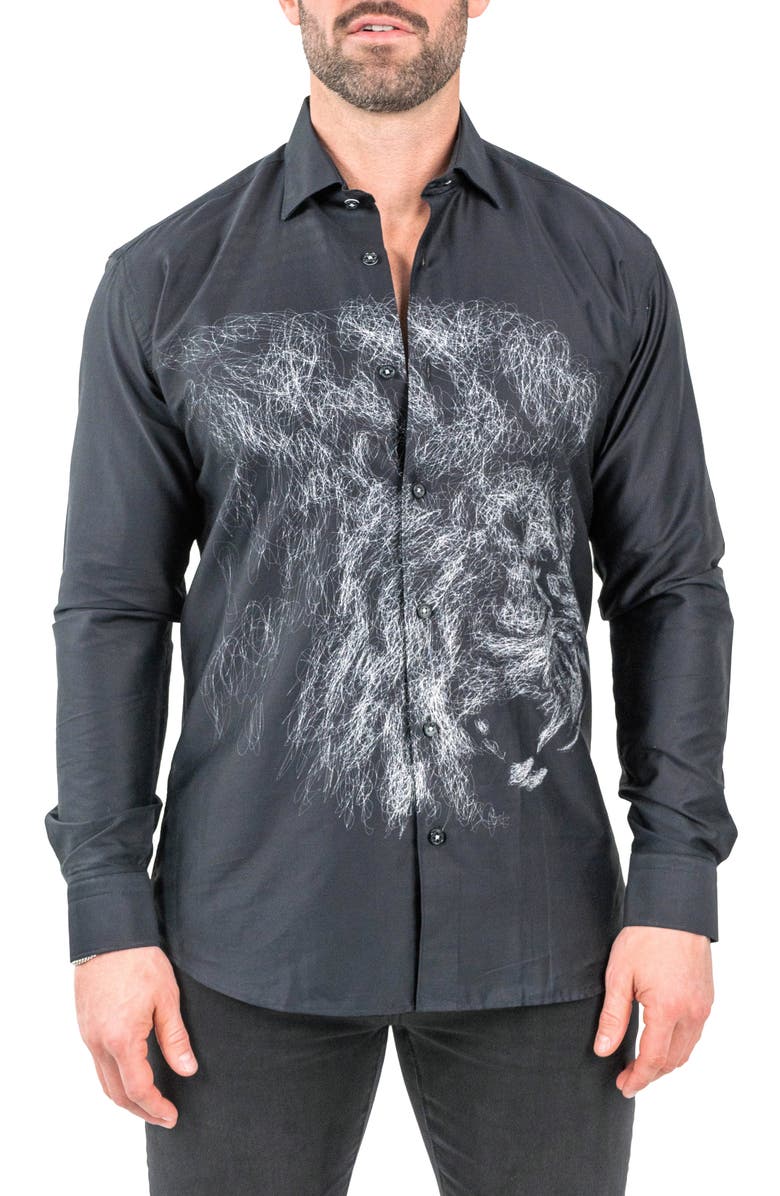 Maceoo Fibonacci Lionchalk Black Contemporary Fit Button-Up Shirt, Main, color, Black