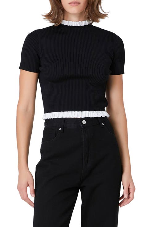 Contrast Ruffle Rib Knit Crop Top