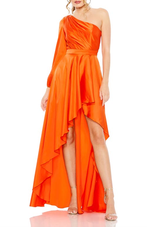 Mac Duggal Single Long Sleeve Pleated Bodice High Low Gown In Orange