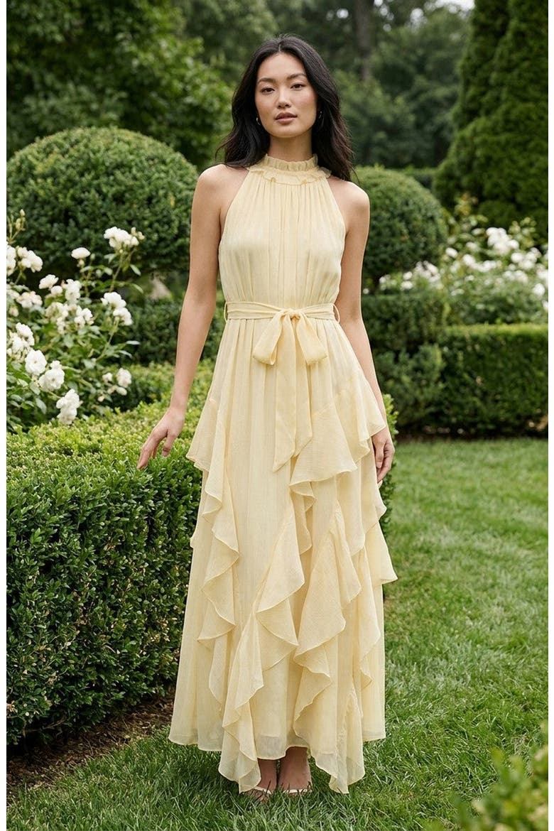 Halter Neck Ruffle Layer Waist Tie Maxi Dress, Alternate, color, Yellow