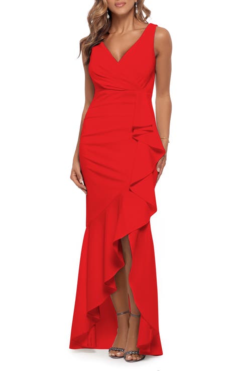 V-Neck Cascade Ruffle High-Low Gown (Regular & Petite)