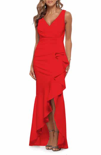 Betsy & Adam V-Neck Cascade Ruffle High-Low Gown