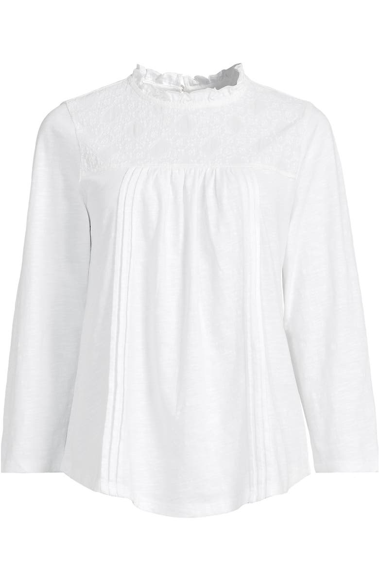 Lands' End 3/4 Sleeve Cotton Slub Lace Trim Top, Alternate, color, 