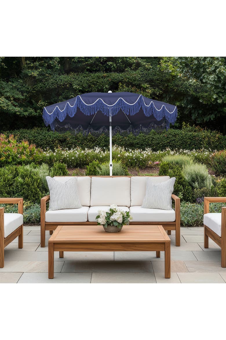 Mariner Coastal Round Outdoor Beach Umbrella with Fringe Trim, Push-Button Tilt, UV 50 Canopy and Wood-Finish Pole, Alternate, color, Navy - White Pole