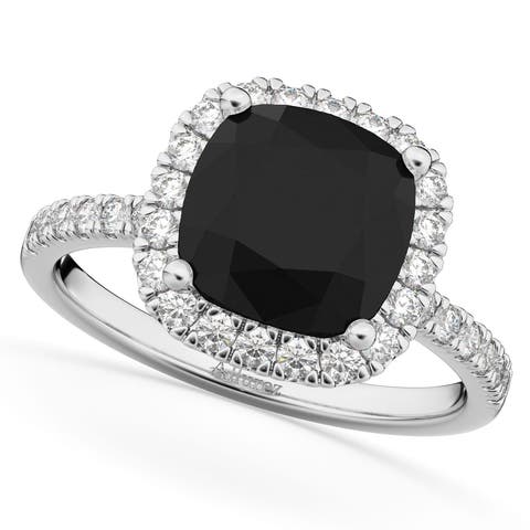 Cushion Cut Black Diamond Engagement Ring 14k White Gold