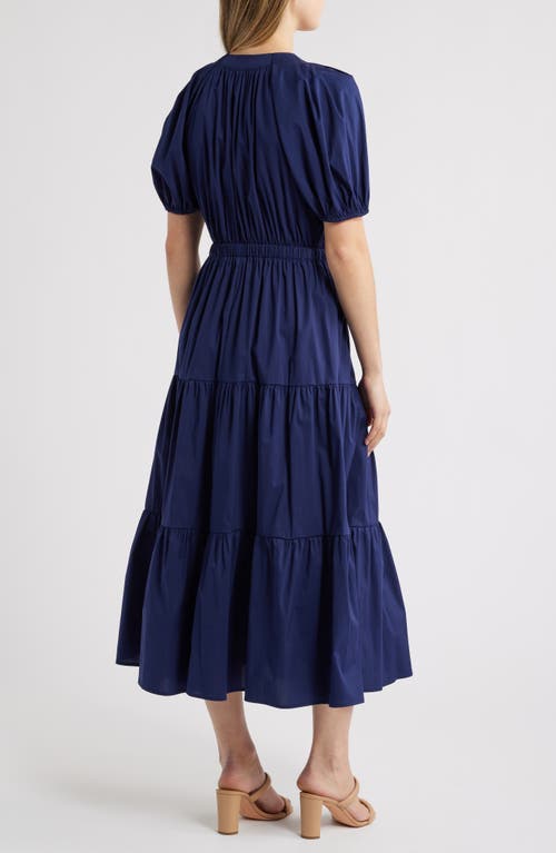 Anne Klein Petite Puff-sleeve Tiered Denim Midi Dress In Blue