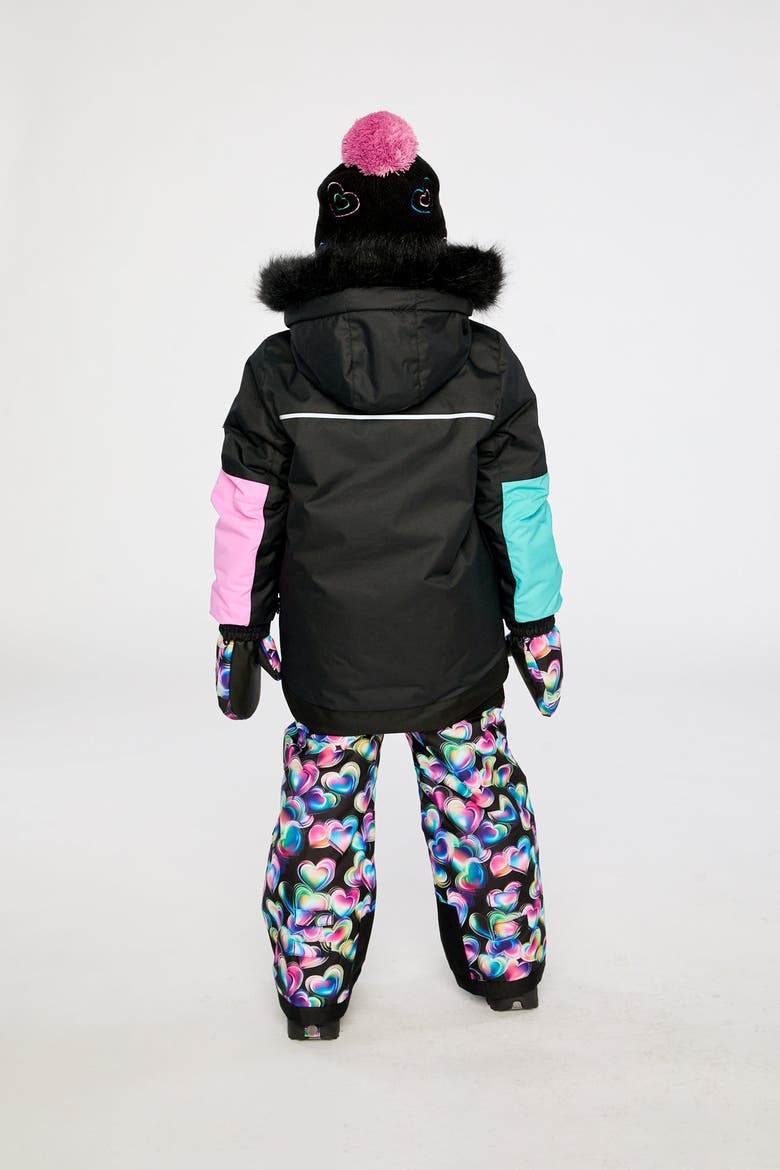 Play Colorblock Jacket & Heart Pants Two Piece Snowsuit, Alternate, color, Blue, Pink & Black Heart Print