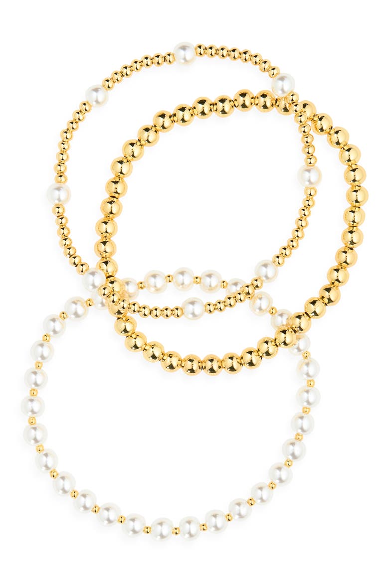 Demi-Fine 3-Pack Beaded Faux Pearl Stretch Bracelets, Main, color, WHITE- GOLD