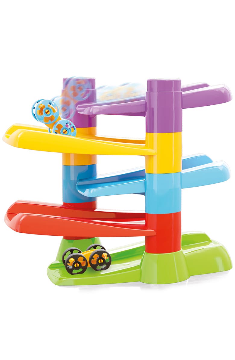 Quercetti Flip Car Race Track Stacking Ramp Playset, 2 Flipping Cars, Alternate, color, Multicolored