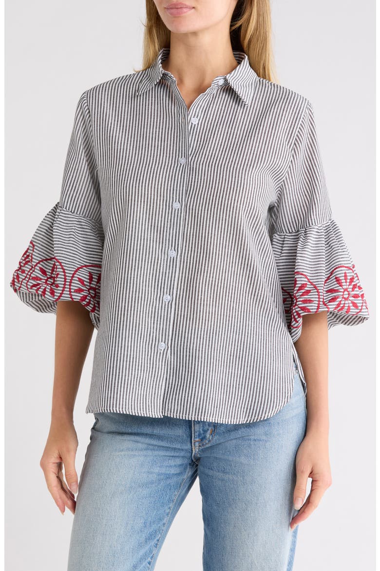 Embroidered Stripe Bubble Sleeve Shirt, Main, color, BLACK/ IVORY