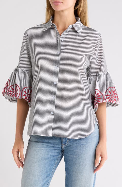 Embroidered Stripe Bubble Sleeve Shirt