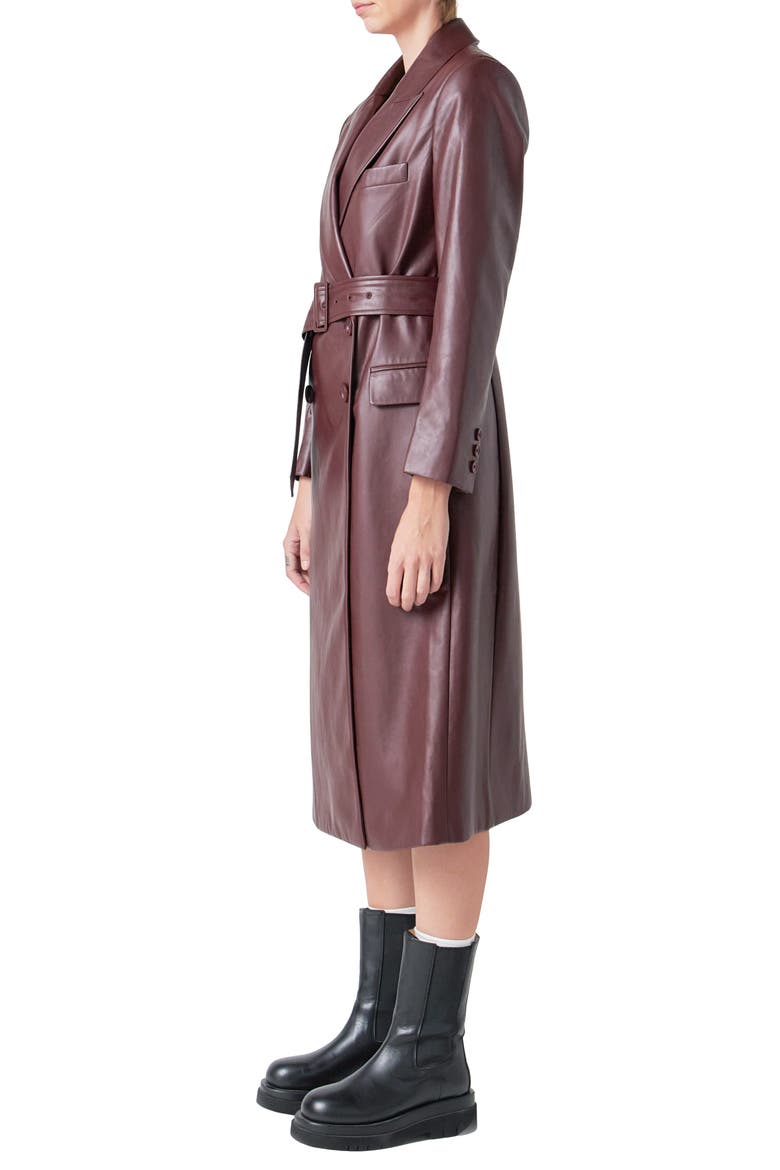 Faux Leather Belted Trench Coat, Alternate, color, BURGUNDY