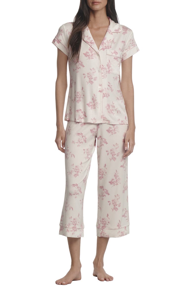 Gisele Printed Short Sleeve Cropped Pajamas, Main, color, ROSE GARDEN CAMEO PINK/PALE PI