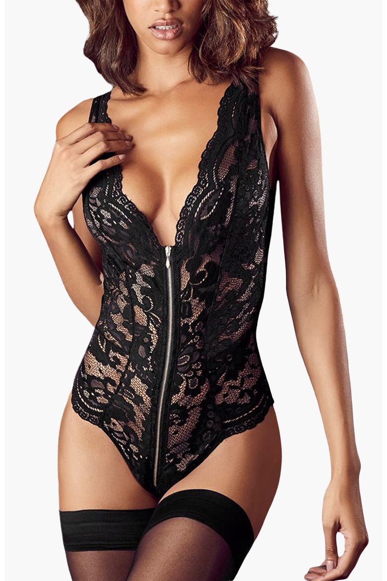Plunge Zipper Detail Teddy, Main, color, Black
