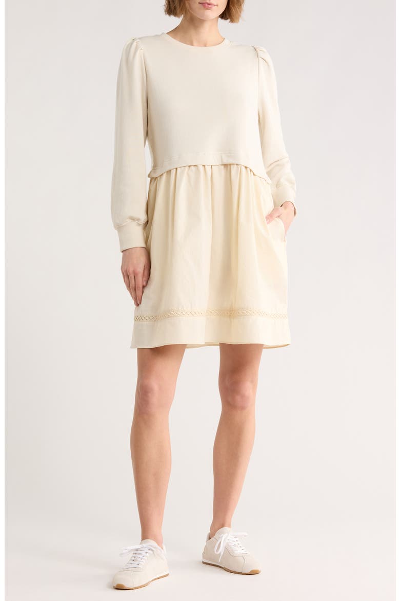 Fleece Woven Mixed Media Long Sleeve Dress, Main, color, IVORY DOVE
