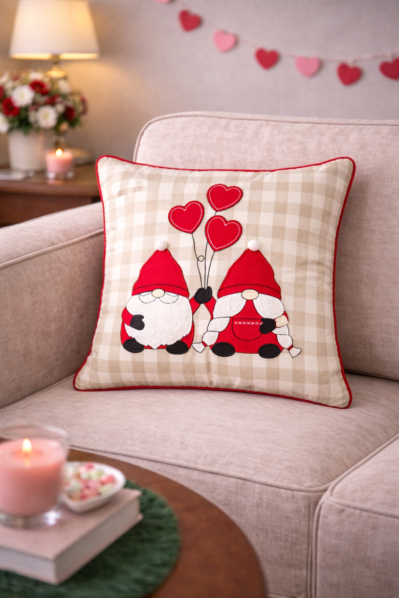 Gnomes w/ Heart Balloons Embroidered Valentine's Day Accent Throw Pillow 18" x 18", Alternate, color, Red