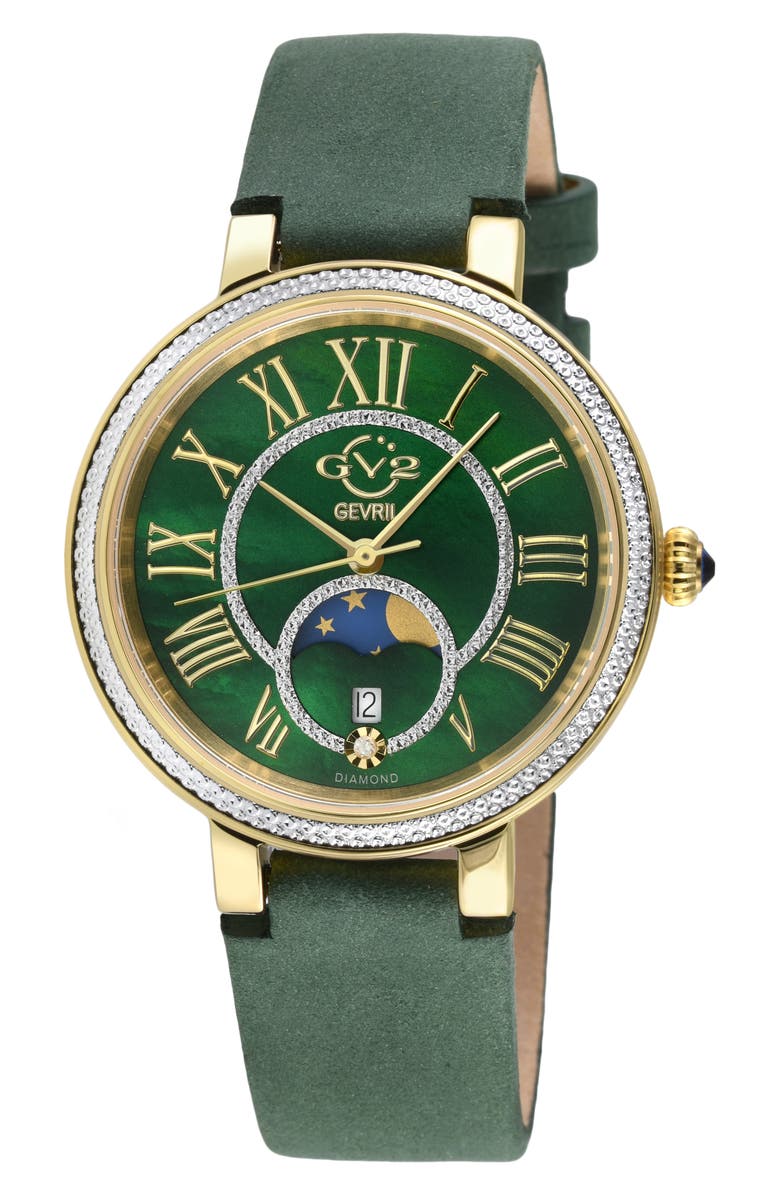 GV2 Genoa Diamond Embellished Leather Strap Watch, 37mm, Main, color, Green