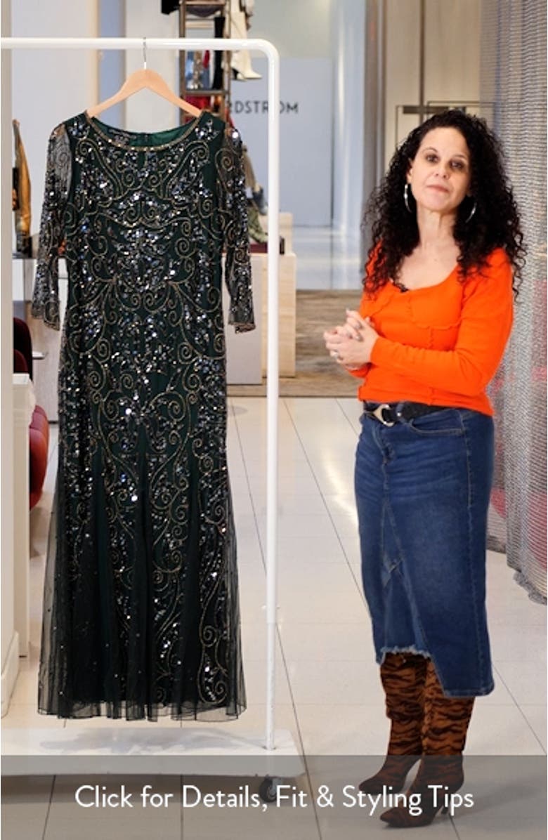 Illusion Sleeve Beaded A-Line Gown