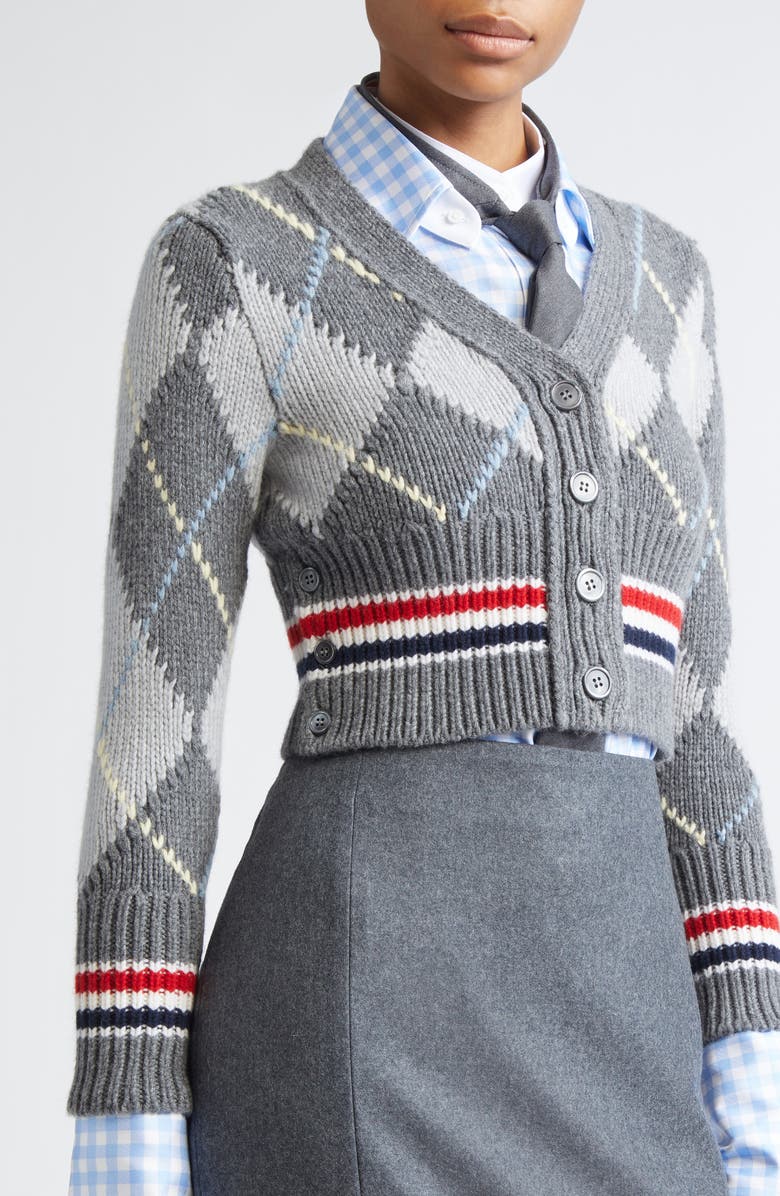 Thom Browne Argyle Intarsia Shrunken Virgin Wool Blend Cardigan, Alternate, color, Tonal Grey