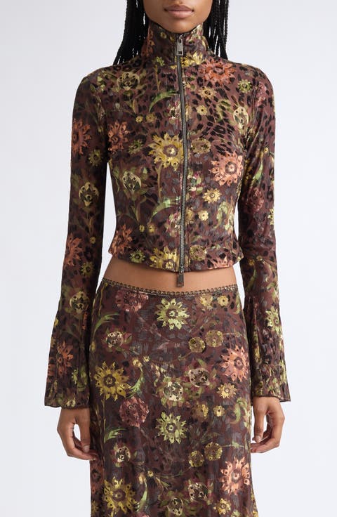 Jun Stretch Velvet Devoré Crop Zip Jacket