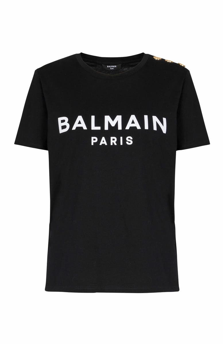 Balmain T-Shirt With Balmain Paris Print With Buttons, Alternate, color, Black