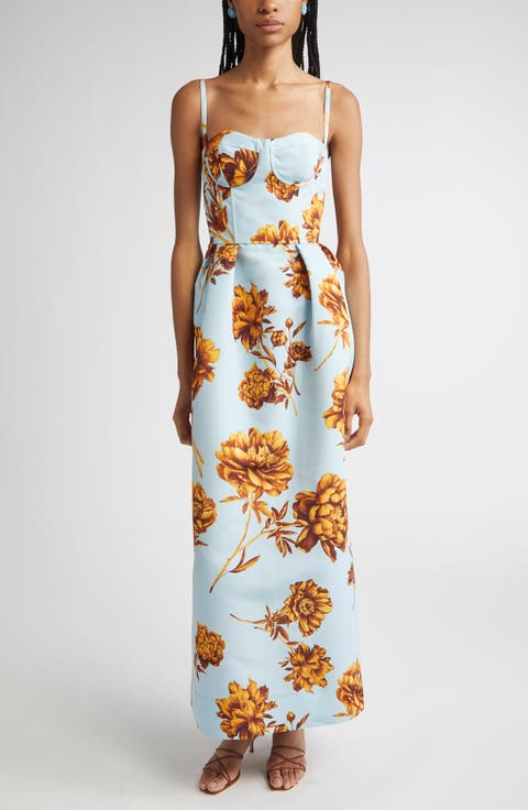 Tonal Peony Print Faille Bustier Gown
