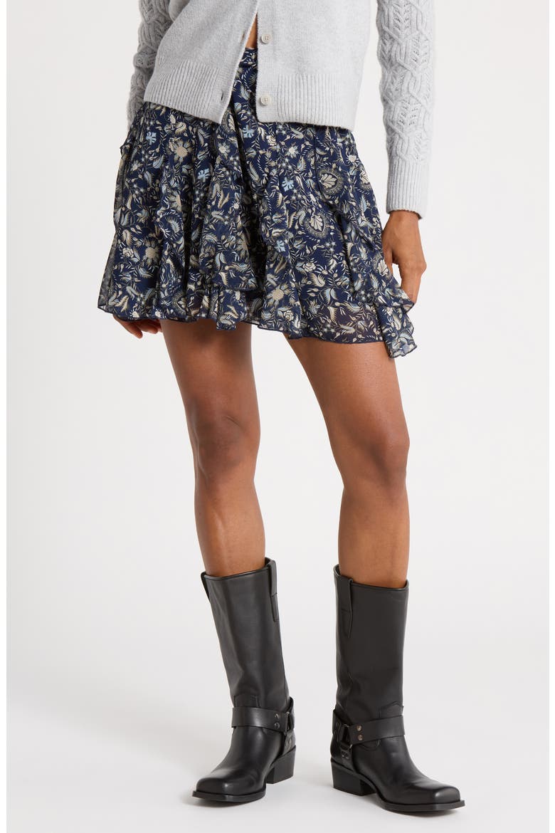 Ruffle Chiffon Miniskirt, Main, color, NAVY- OLIVE GLOBAL FLORAL