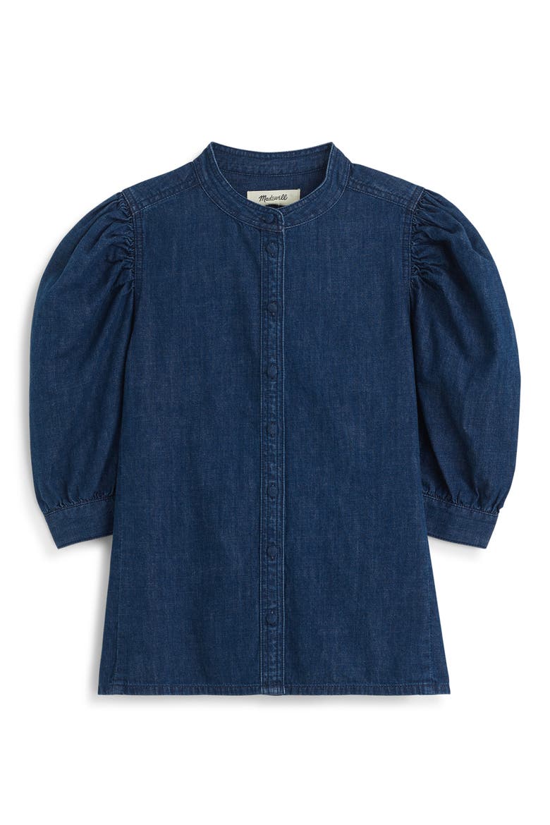 Denim Puff Sleeve Band Collar Shirt, Alternate, color, PLUMVILLE WASH